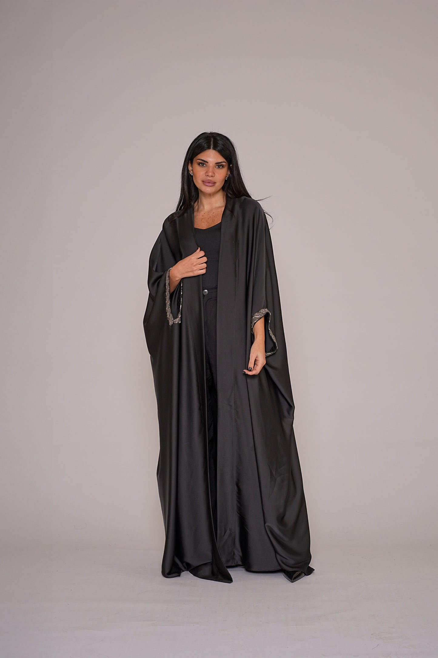 Black Satin Bisht - Silver Trim