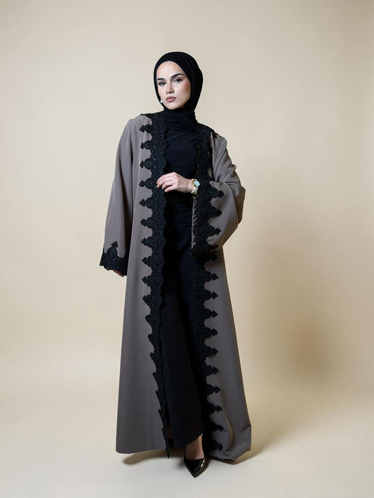 Taupe Lace Open Abaya – Signature Edition