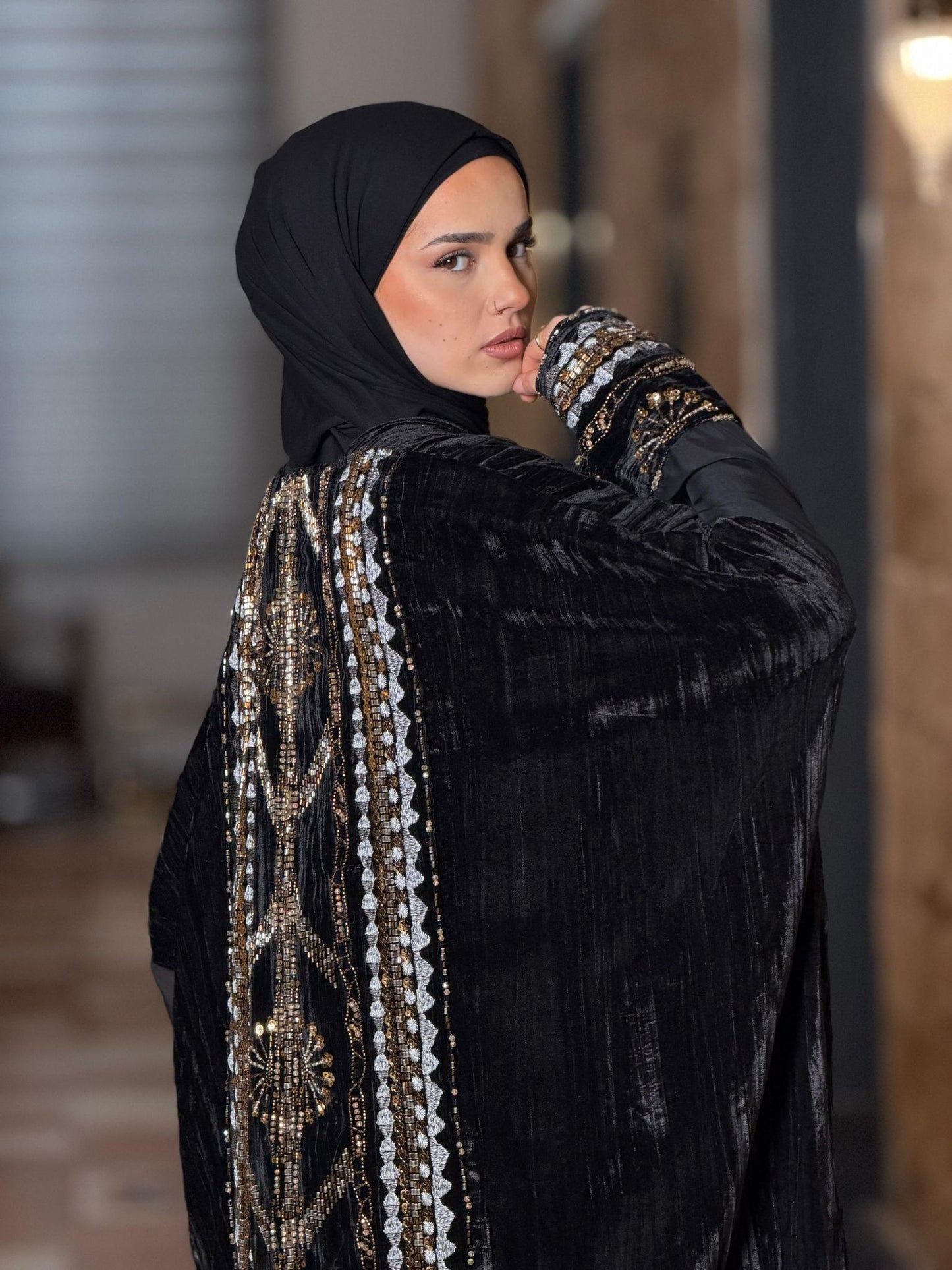 Royal Noir Velvet Abaya Set