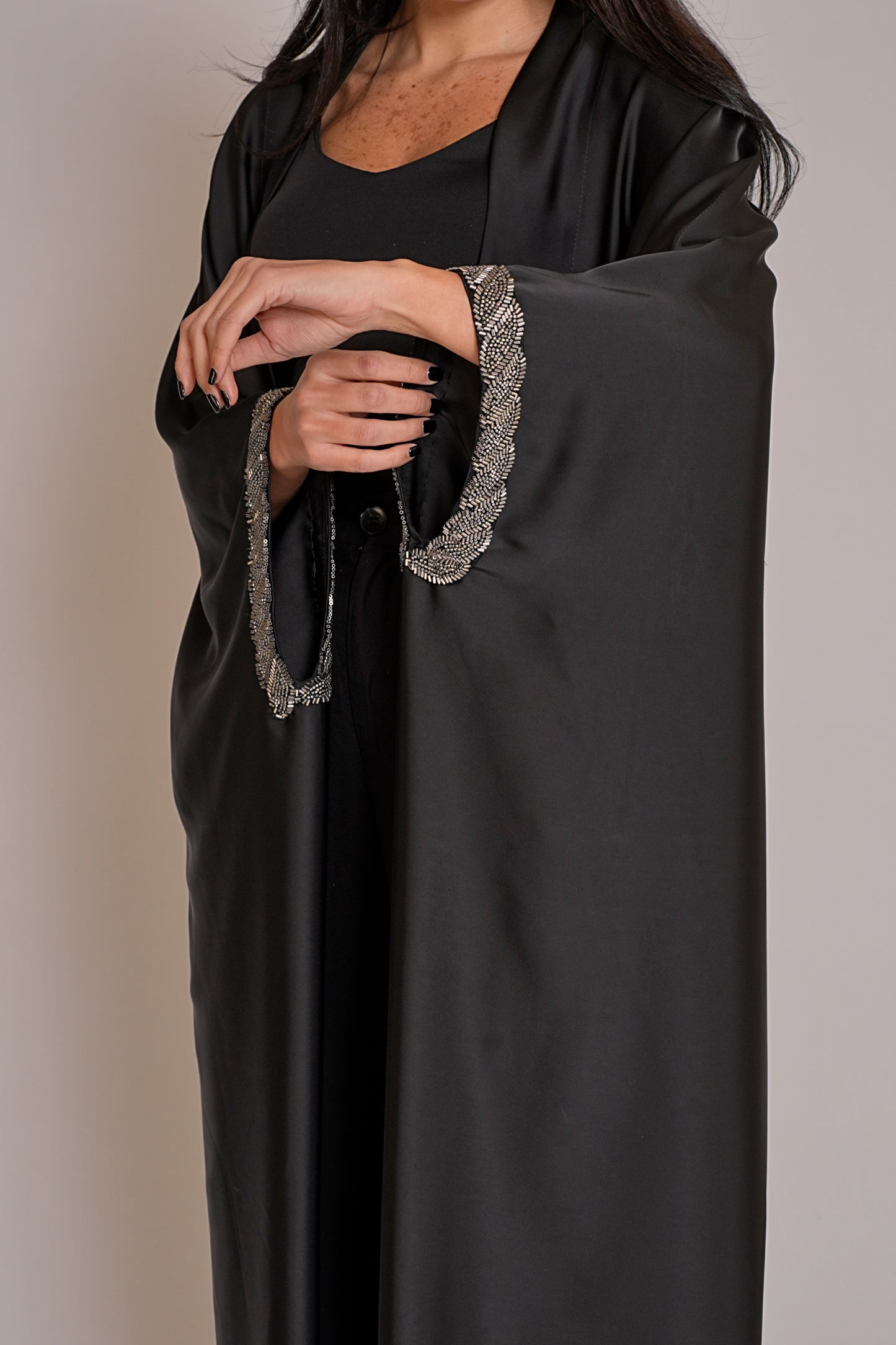 Black Satin Bisht - Silver Trim