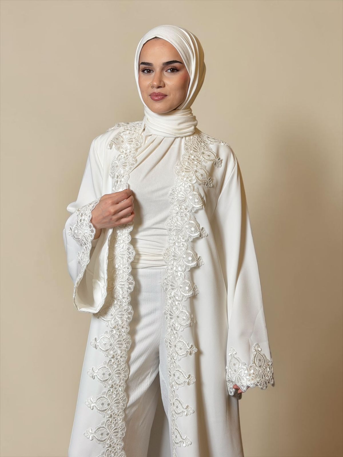 Ivory Lace Open Abaya – Signature Edition