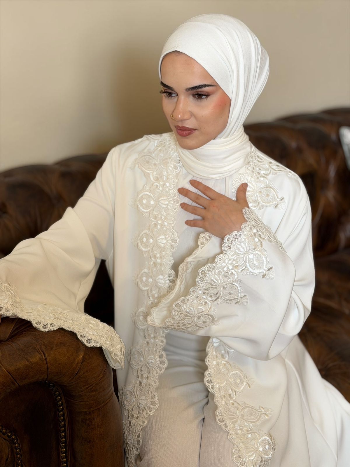 Ivory Lace Open Abaya – Signature Edition