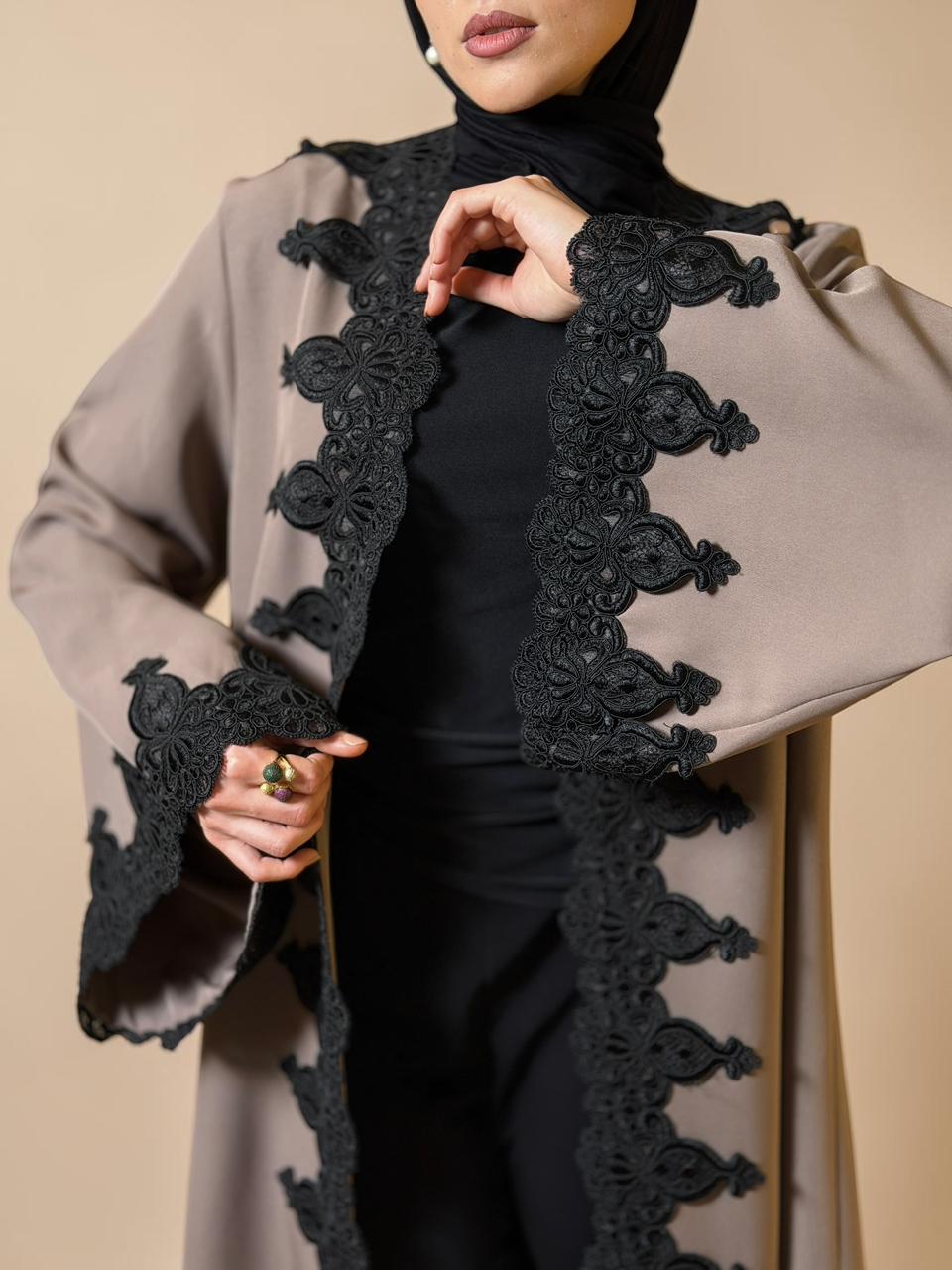 Taupe Lace Open Abaya – Signature Edition
