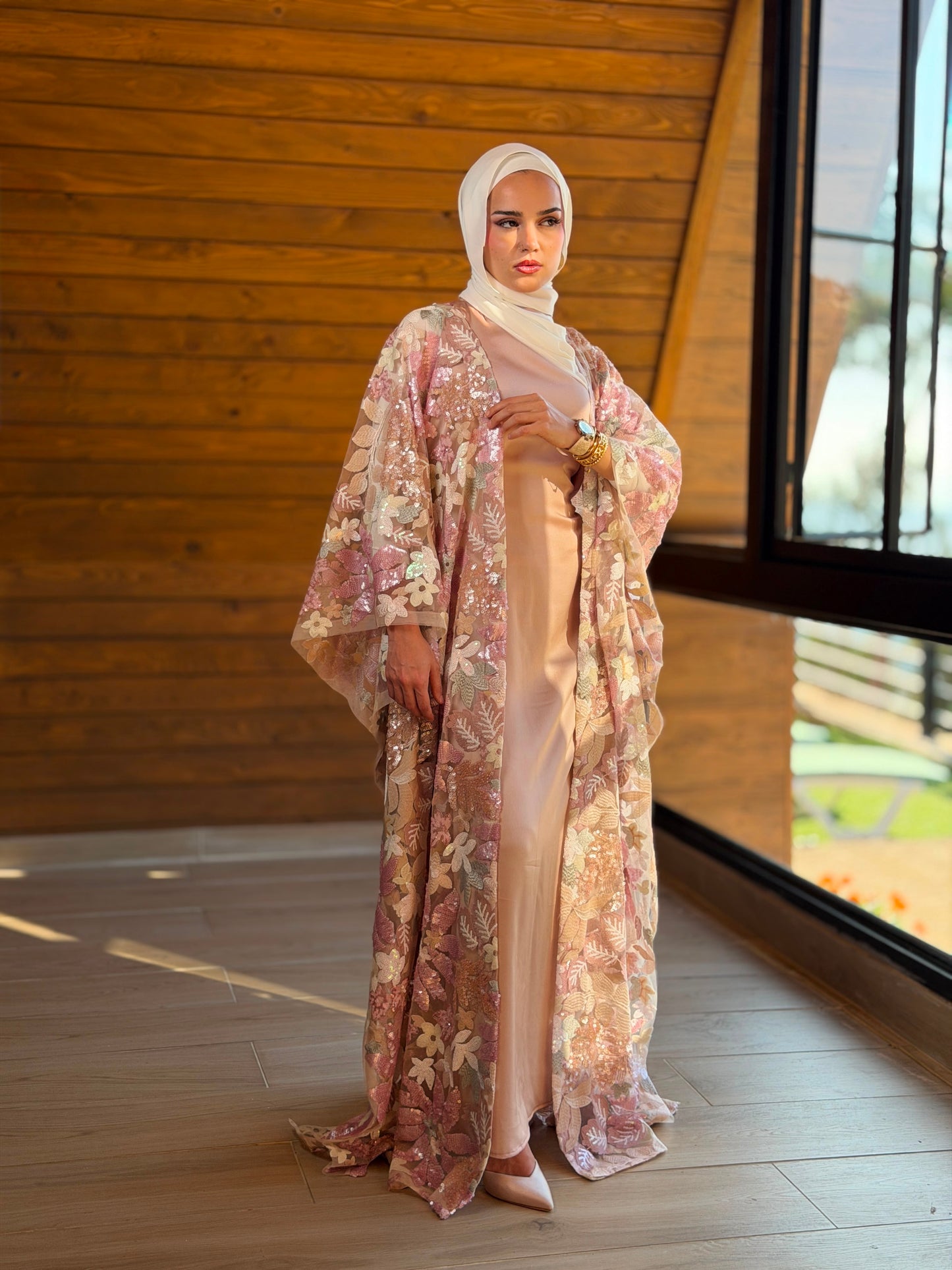 Noura Floral Sequin Evening Cape – Blush