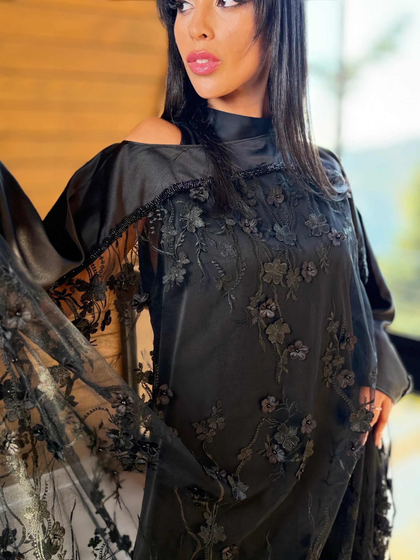 Noura Lace Evening Cape – Black