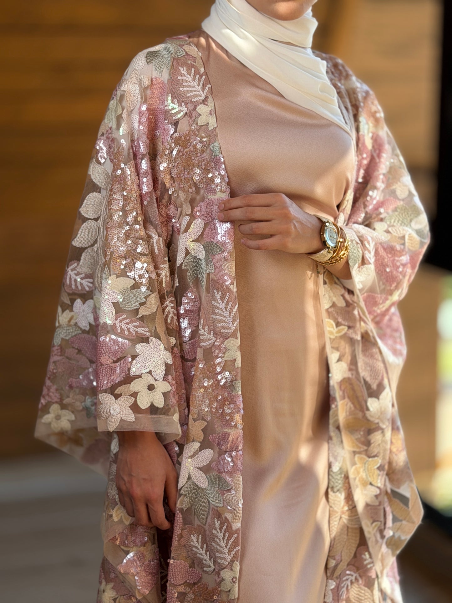 Noura Floral Sequin Evening Cape – Blush