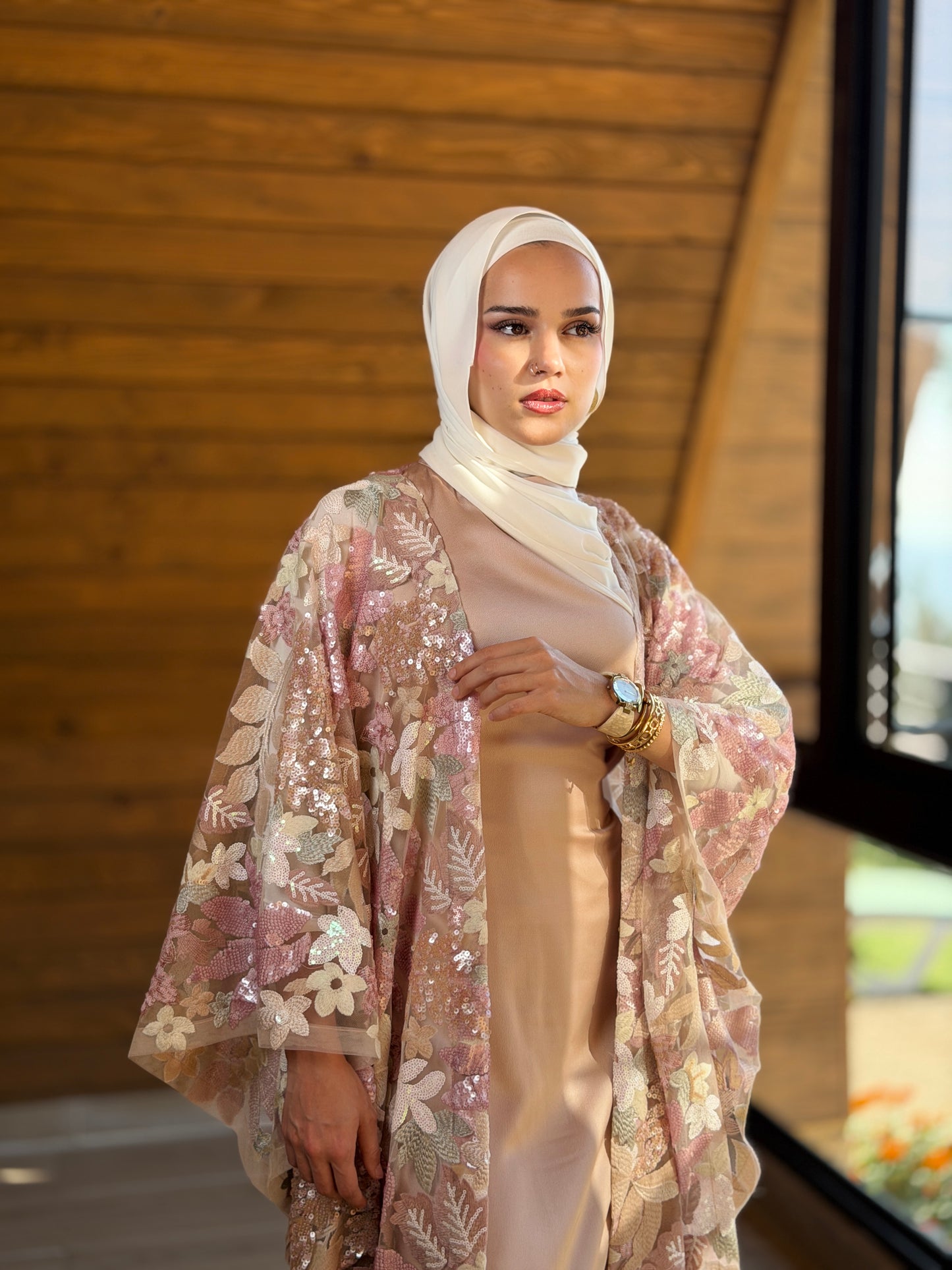 Noura Floral Sequin Evening Cape – Blush
