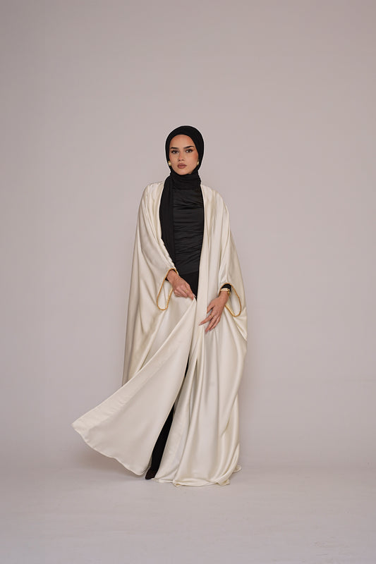 Ivory Satin Bisht – Gold Trim