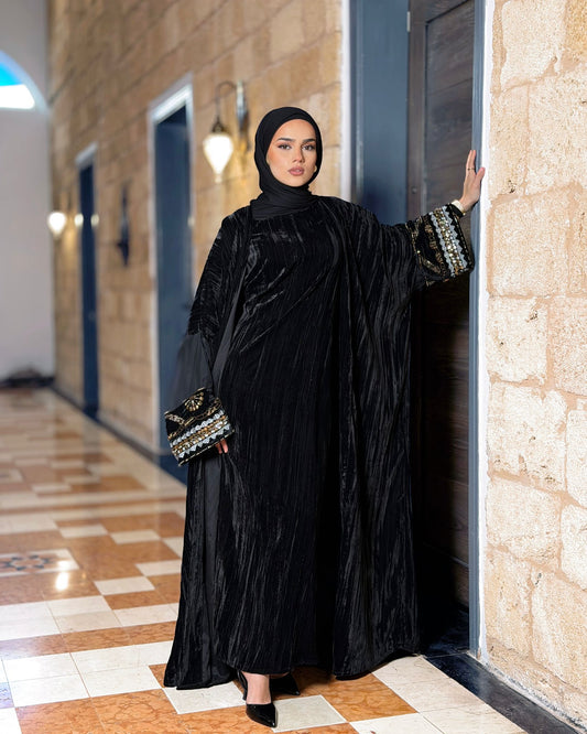 Royal Noir Velvet Abaya Set