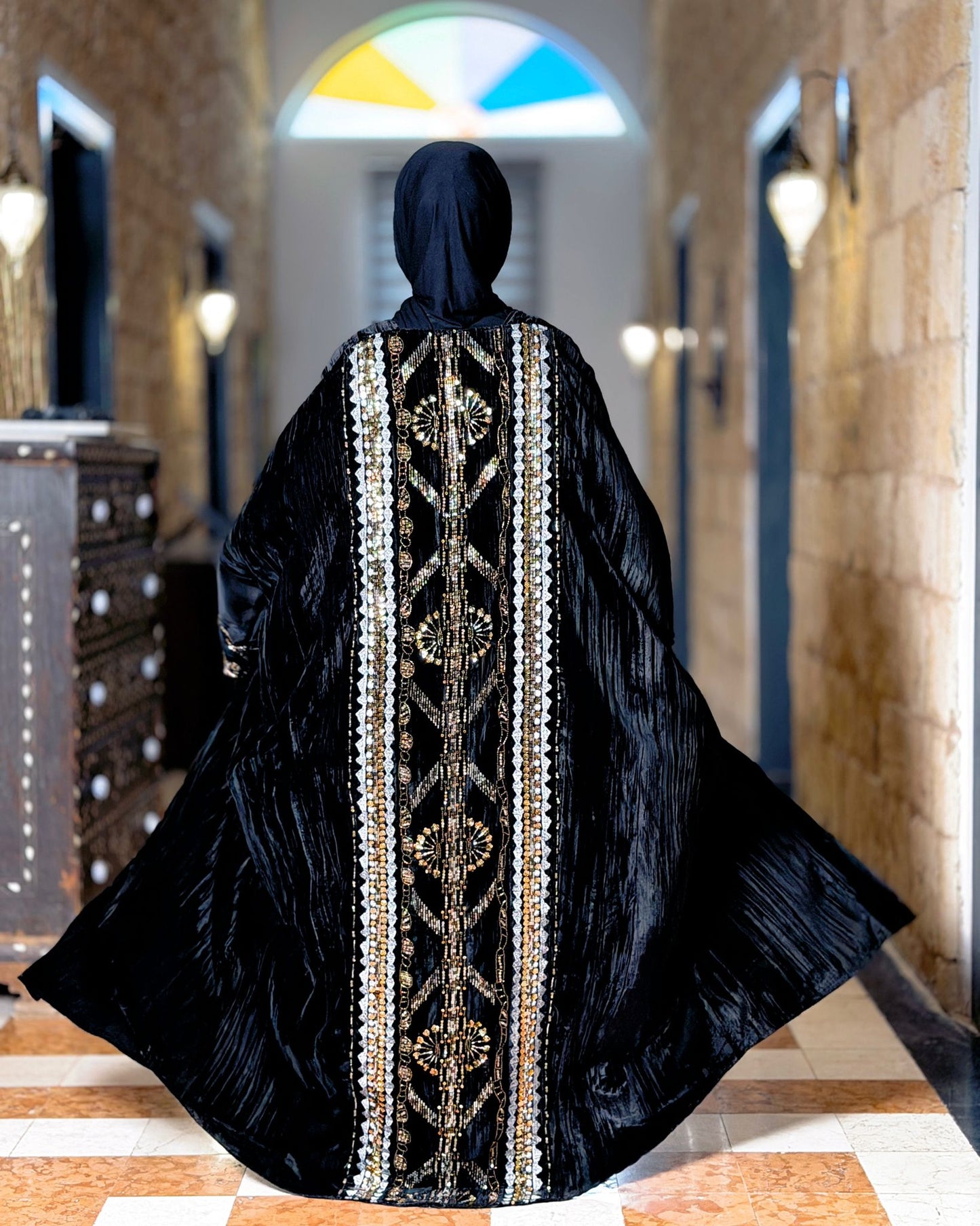 Royal Noir Velvet Abaya Set