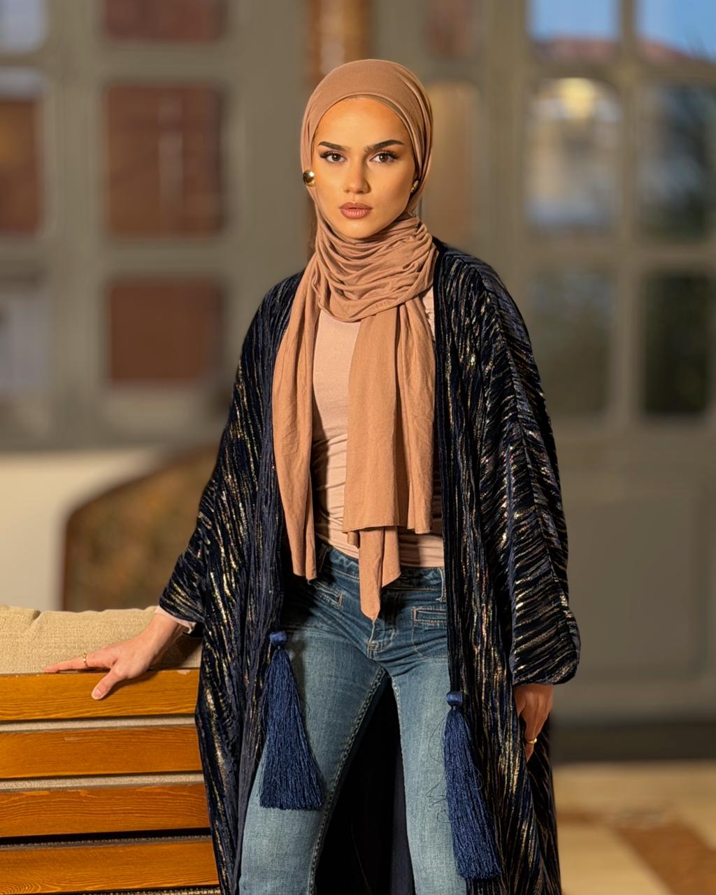 The Velvet  Bisht Abaya - Navy Blue