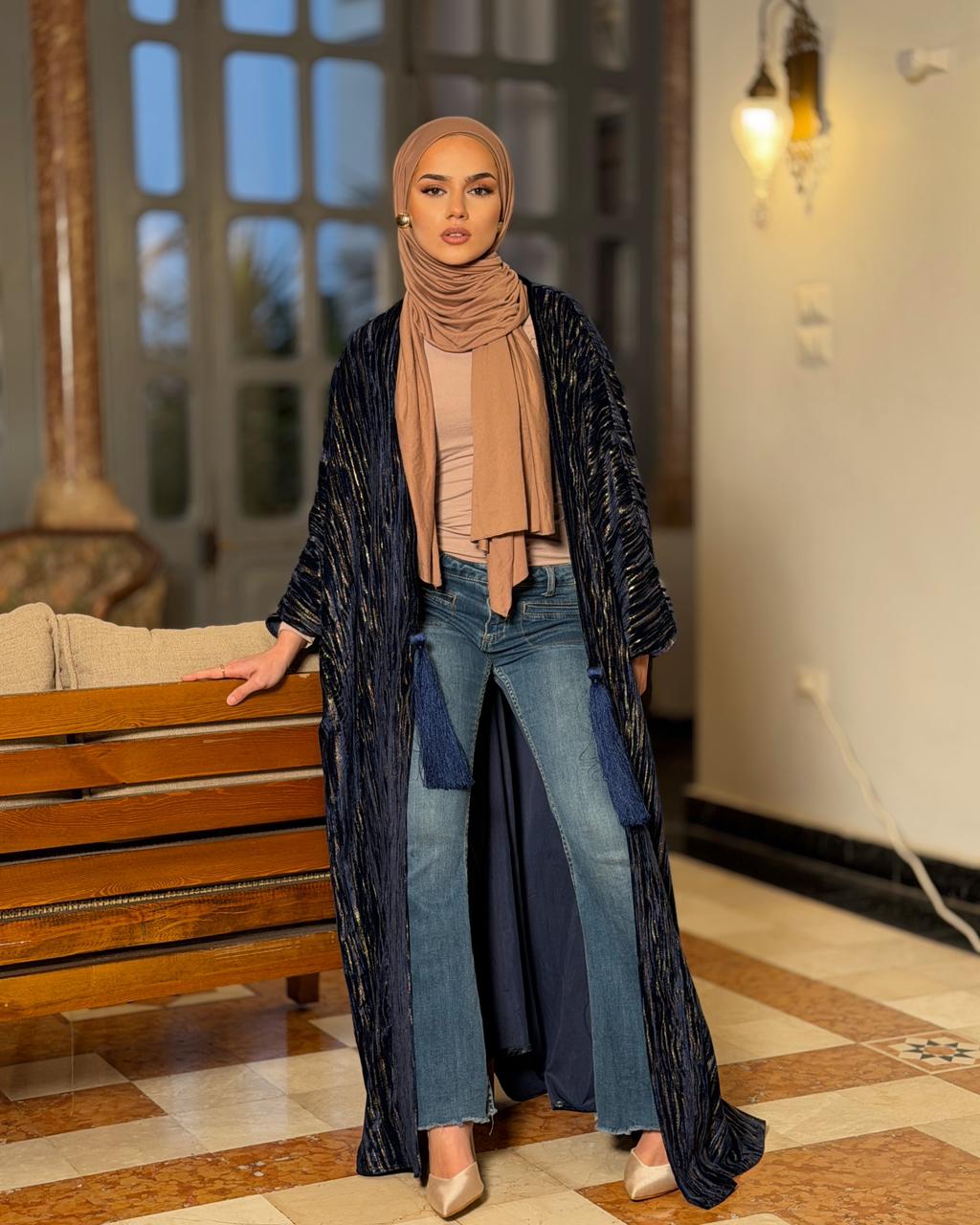 The Velvet  Bisht Abaya - Navy Blue